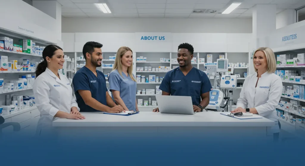 A team of healthcare professionals collaborating in a modern pharmacy, with shelves stocked with medical supplies and an 'About Us' sign in the background.
