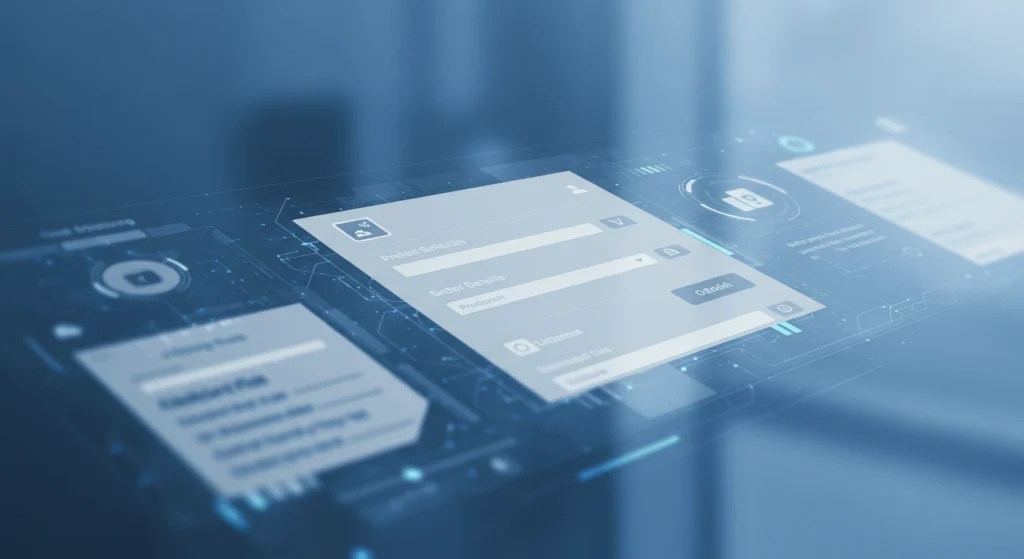 Futuristic digital ordering interface with a blue-toned design, featuring blurred interactive UI elements for seamless online transactions.