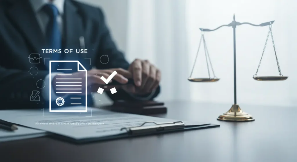 Business professional reviewing a document with digital 'Terms of Use' icons overlayed, symbolizing legal agreements and compliance.